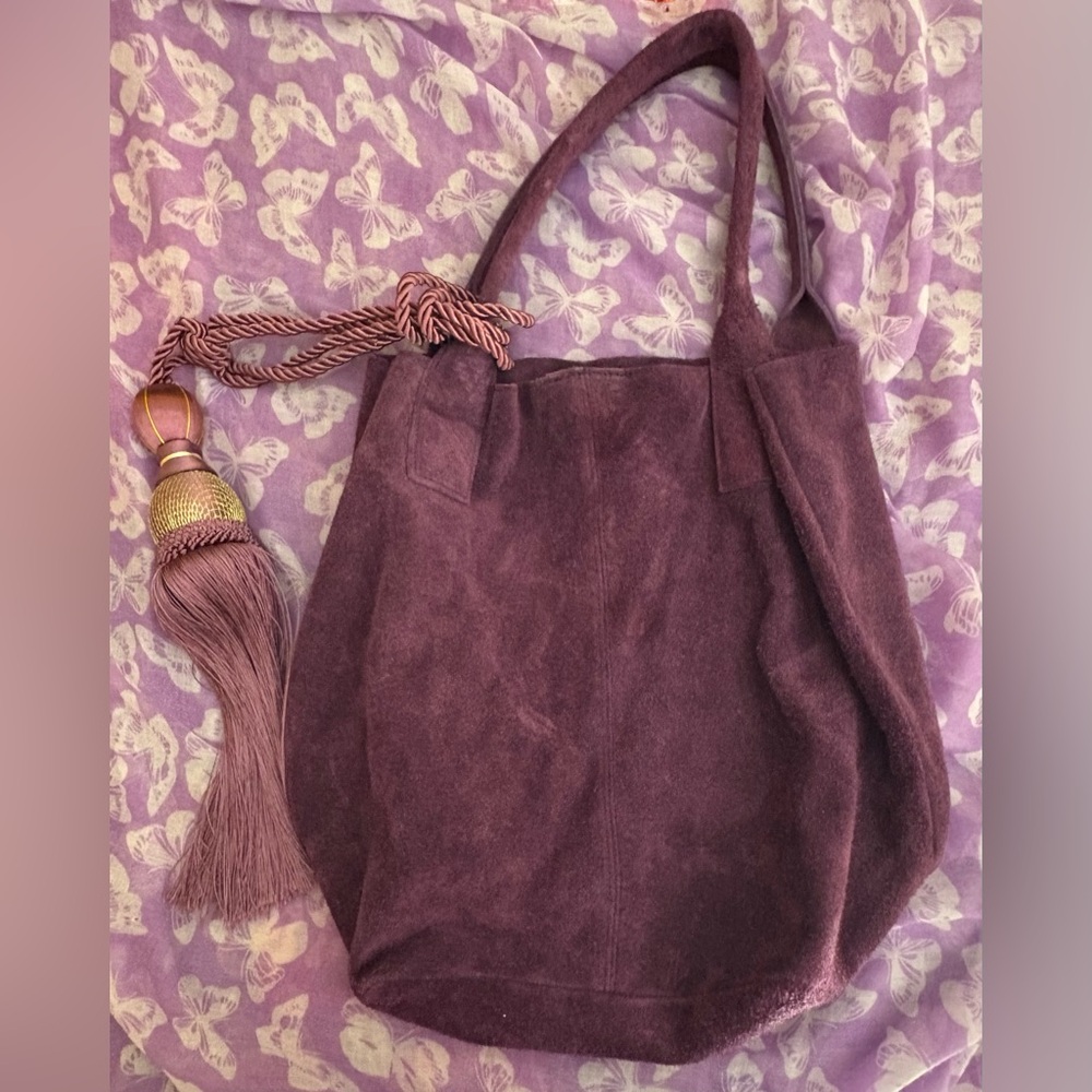 Large eggplant purple Italian suede unstructured tote and pouch